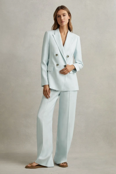 Reiss Lori - Blue Viscose-linen Double Breasted Suit Blazer, Us 12