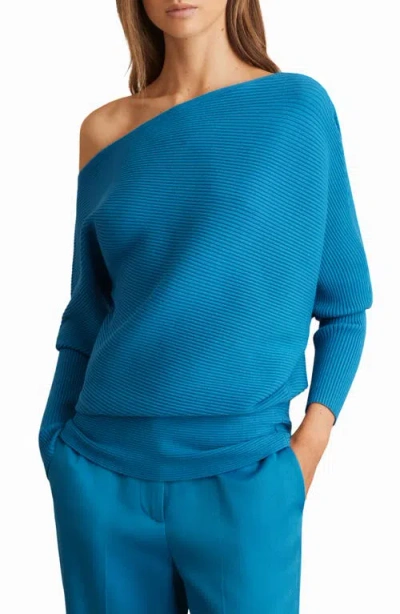 Reiss Lorna Off The Shoulder Rib Sweater In Blue