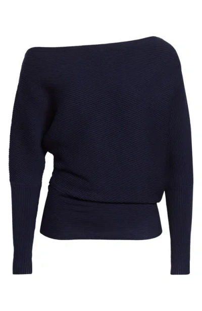 Reiss Lorna Off The Shoulder Rib Sweater In Blue