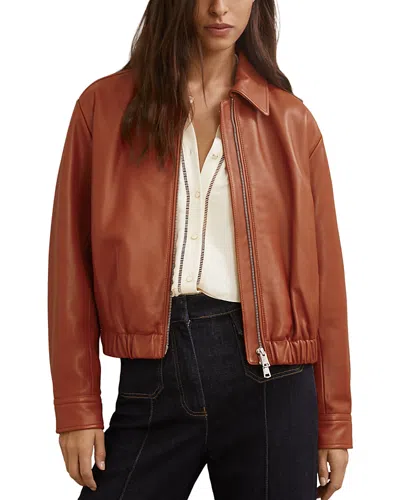 Reiss Lottie Cropped Leather Bomber Jacket In Brown
