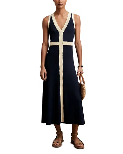 Reiss Lou Craft Detail Knitted Midi Dress In Blue