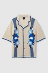 Reiss Ecru/blue Love Ché Open-stitch Jacquard Cuban Collar Shirt In Ecru/blue