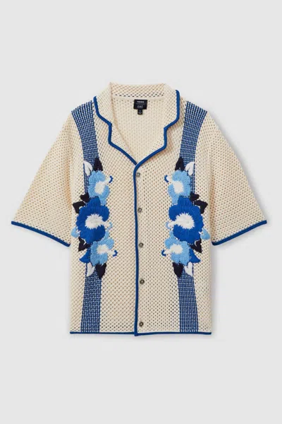 Reiss Ecru/blue Love Ché Open-stitch Jacquard Cuban Collar Shirt