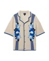 Reiss Ecru/blue Love Ché Open-stitch Jacquard Cuban Collar Shirt In Ecru/blue