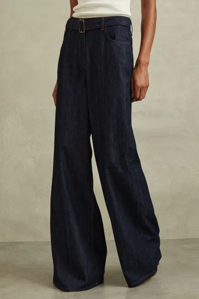 Reiss Luca Belted Wide Leg Jeans In Dark Blue