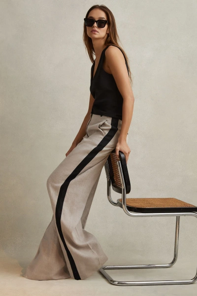 Reiss Neutral Colourblock Linen Wide Leg Trousers