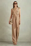 Reiss Stone Wool Blend Double Breasted Belted Jumpsuit In Stone