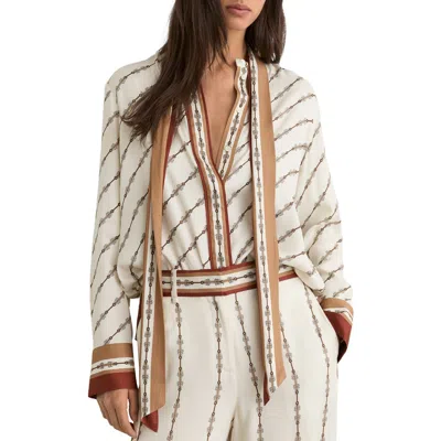 Reiss Lydia Chain Print Tie Neck Button-up Top In Neutral