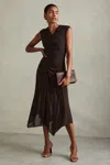 Reiss Chocolate Mesh Jersey Ruched Midi Dress In Chocolate