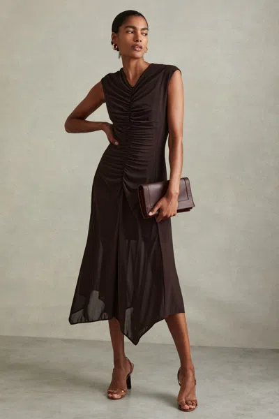 Reiss Chocolate Mesh Jersey Ruched Midi Dress
