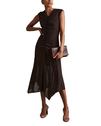 Reiss Chocolate Lyra Mesh Ruched Midi Dress