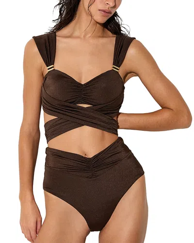 Reiss Maisie High Waisted Ruched Bikini Bottom In Brown