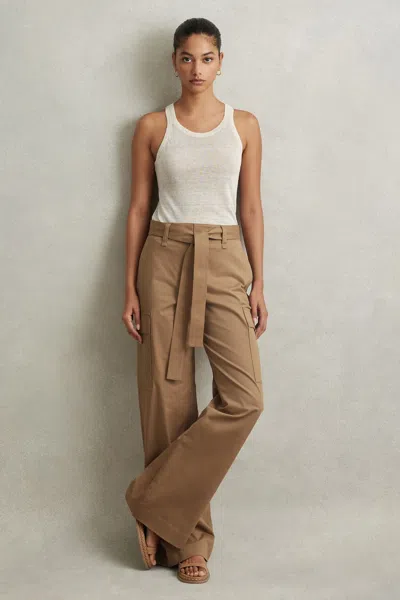 Reiss Malia - Camel Cotton Blend Wide Leg Cargo Trousers, Uk 10 L