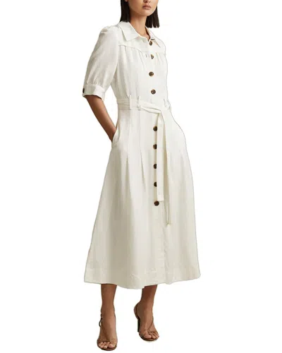 REISS MALIKA LINEN-BLEND CAP SLEEVE LINEN BELTED MIDI DRESS