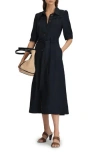 Reiss Malika Cap Sleeve Linen-blend Belted Midi Dress In Navy