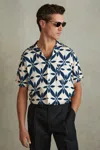 Reiss Ecru/navy Relaxed Printed Cuban Collar Shirt In Ecru/navy