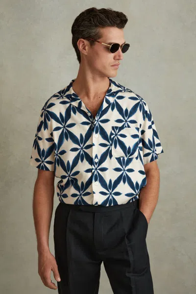 Reiss Ecru/navy Relaxed Printed Cuban Collar Shirt
