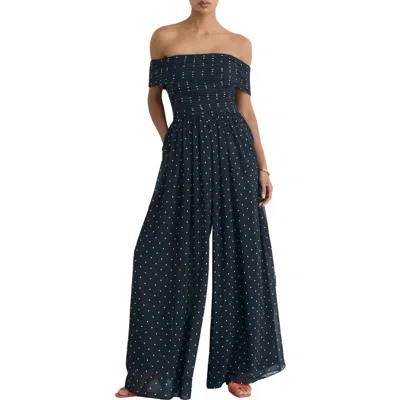 Reiss Margo Polka-dot Bardot Wide-leg Jumpsuit In Blue