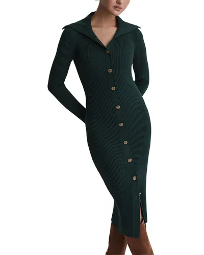 Reiss Maria Knitted Button Front Midi Dress In Green