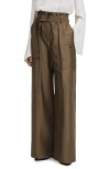 Reiss Khaki Wide Leg Paper Bag Trousers In Khaki