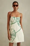 REISS WHITE/GREEN FLORAL SKETCH REMOVABLE STRAP MINI DRESS