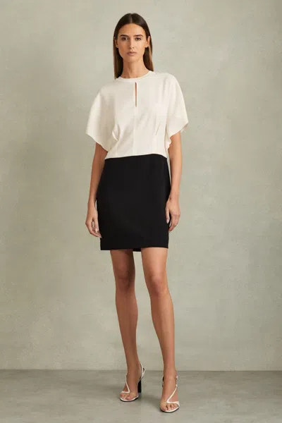 Reiss Ivory/black Marlowe Draped Sleeve Colourblock Mini Dress