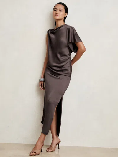 REISS MAUVE KENZIE SATIN ASYMMETRIC DRAPED MIDI DRESS