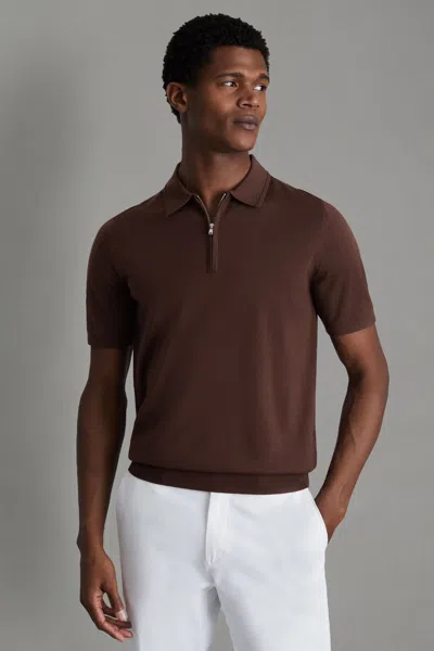 Reiss Maxwell - Treacle Brown Merino Wool Half-zip Polo Shirt, Xxl