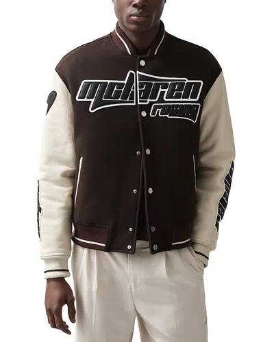 Reiss Mclaren Circuit Leather Sleeve Wool Bomber Jacket In Brown/ivory