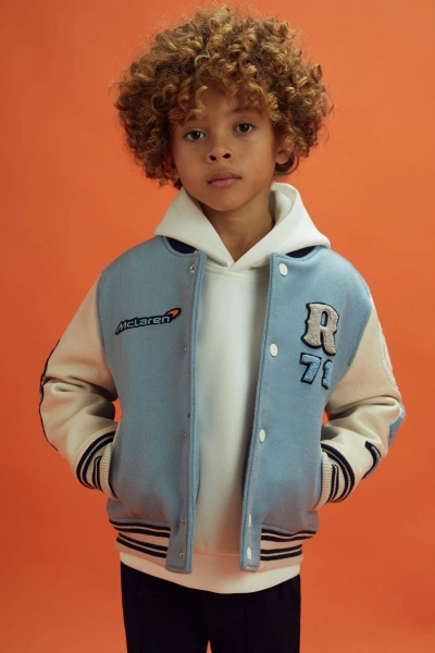 Reiss Mclaren Kids' Mclaren F1 Leather Varsity Jacket In Airforce Blue/ecru