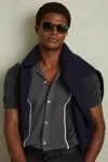 Reiss Steel Blue Meastro Hybrid Velour Cuban Collar Shirt