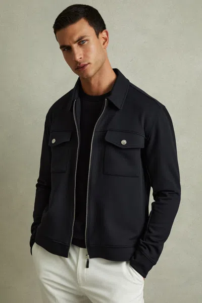 Reiss Navy Blue Medina Interlock Jersey Zip-through Jacket