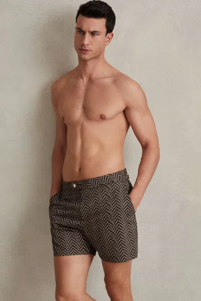 Reiss Melbourne Regular Fit 5 Swim Trunks In Chocolate/ecru