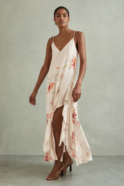 Reiss Melody - Ivory/coral Floral Print Side Split Midi Dress, Us 10