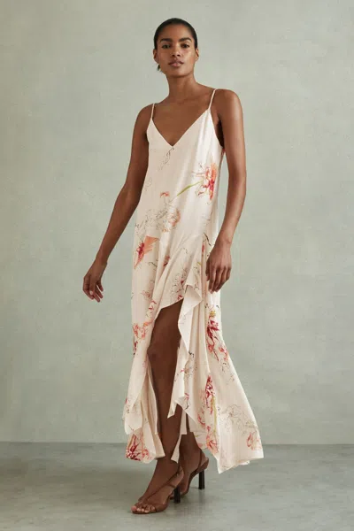 Reiss Melody Floral-print Side-split Woven Midi Dress In Ivory/coral