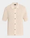 Reiss Stone Basketweave Knit Button Through Cotton Blend Shirt In Gray