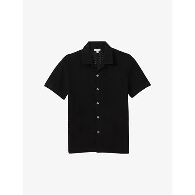Reiss Mens Black Paradise Cuban-collar Short-sleeve Cotton Shirt In Black
