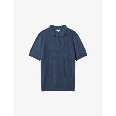 Reiss Mens Blue Smoke Tropic Diamond-weave Knitted Polo Shirt
