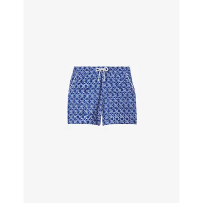 Reiss Fraser Geometric-print Drawstring-waist Stretch Recycled-polyester Swim Shorts In Bright Blue/white