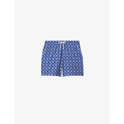 REISS REISS MEN'S BRIGHT BLUE/WHI FRASER GEOMETRIC-PRINT DRAWSTRING-WAIST STRETCH RECYCLED-POLYESTER SWIM 