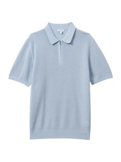 Reiss Burnham - Soft Blue Cotton Blend Textured Half Zip Polo Shirt, S