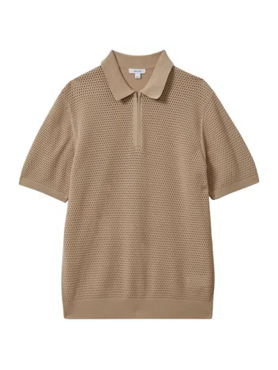 Reiss Burnham - Taupe Cotton Blend Textured Half Zip Polo Shirt, Xs