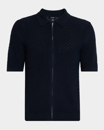 Reiss Tay Pointelle Knit Short Sleeve Zip-up Shirt In Black
