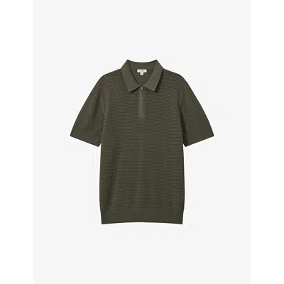 Reiss Mens Dark Sage Burnham Textured-weave Knitted Polo Shirt