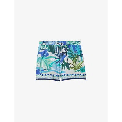 Reiss Mens Green Multi Huwai Tropical-print Regular-fit Stretch Recycled-polyester Swim Shorts