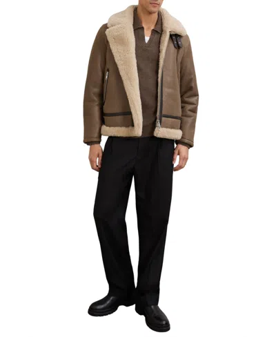Reiss Men's Hardy Aviator-style Shearling-collar Leather Jacket In Brown