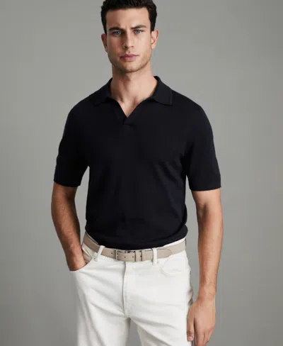 Reiss Men's Merino Wool Open Collar Polo Shirt In Black