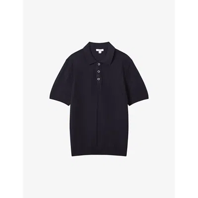 Reiss Mens Navy Pascoe Textured Stretch-knit Polo Shirt