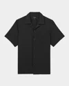 Reiss Black Herringbone Twill Cuban Collar Short Sleeve Shirt In Black