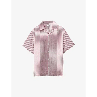 Reiss Mens Pink Stripe Beldi Cuban-collar Relaxed-fit Linen Shirt